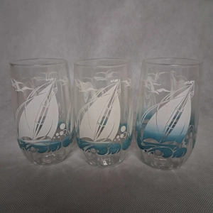 Vintage Mid Century Nautical Glasses 3 Sailboats, Teal Blue Waves, Birds