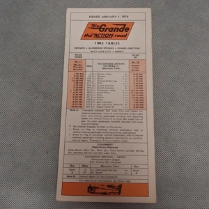 Rio Grande Zephyr 1974 Timetable Card Denver Co to Ogden UT