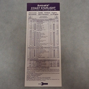 1993 Amtrak Coast Starlight Timetable Card Seattle Eugene Sacramento Los Angeles