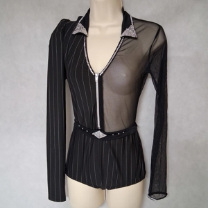 Kelle Dance Costume Leotard Bodysuit Small Black Sheer Pinstripe Rhinestone READ