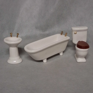 Doll House Miniature White Porcelain Bath Tub Pedestal Sink Toilet Gold Hardware