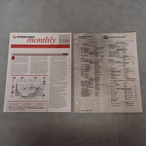 Frontier Airlines 1986 Newsletter and Check In Cue Card