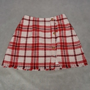Kate Kasin Tween Plaid Skirt Women's Small Red White Front Slit Gold Buttons Zip