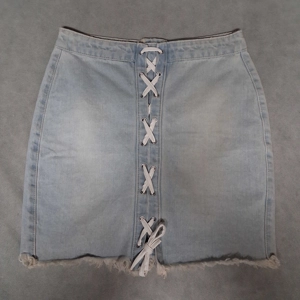 Missguided Denim Jean Pencil Skirt 2 Lace Up Front Light Washed Frayed Hem