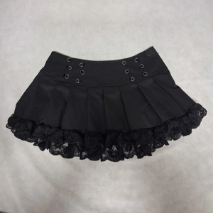 Dolls Kill Widow Black Pleated Mini Skirt Medium Lace Hem O Rings