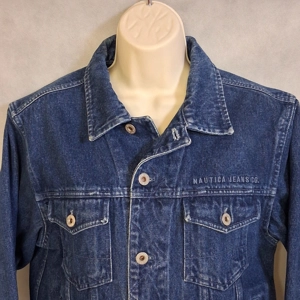 Y2K Nautica Jeans Co Blue Denim Trucker Jacket Women's Medium Rhinestone Paw