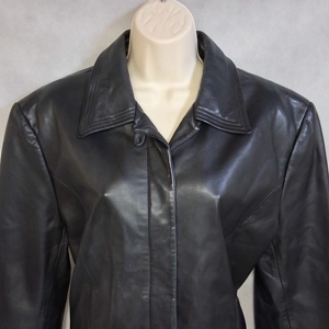 Stone Mountain Black Leather Biker Bomber Jacket Womens Large Button Front Lined