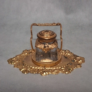 Vintage Gold Floral Inkwell Pressed Steel Square Glass Jar with Flip Top Lid