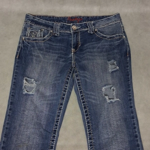 Amethyst Blue Jeans 7 Short (28x30) Bootcut Medium Washed Distressed Denim Holes