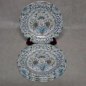 222 Fifth Aisha Dinner Plates 4 Blue Green Floral Scrolls 10 3/4
