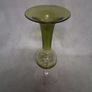 Global Views Olive Green Bulbous Trumpet Bud Vase Polish Hand Blown Glass 10.75