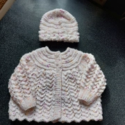 Handmade Knitted Matinee Jacket Cardigan and Matching hat set