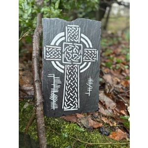 Celtic Cross Carved Reclaimed Slate with Ogham Inscription