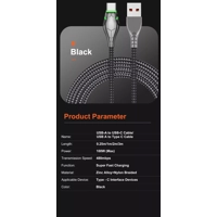 100W Fast Charging USB-A to USB-C Cable, LED Indicator, Braided Nylon, 1m Length