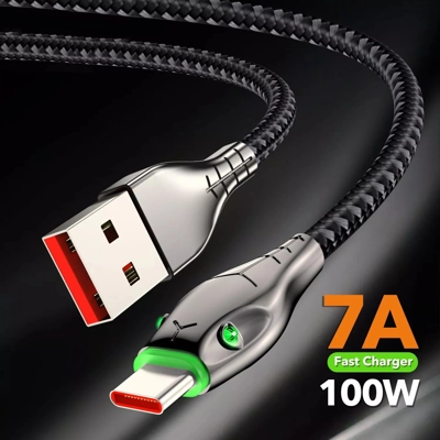 100W Fast Charging USB-A to USB-C Cable, LED Indicator, Braided Nylon, 1m Length