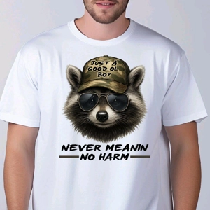 Fmplus White T-shirt Casual Unisex Tee with Raccoon Graphi..