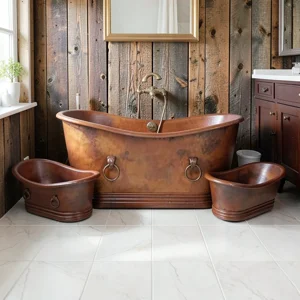 Freestanding Copper Bathtub with two additional Washbasins