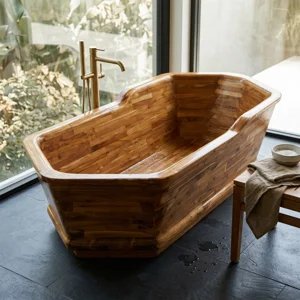 Handcrafted Teak Wood Freestanding Bathtub - Spa Quality