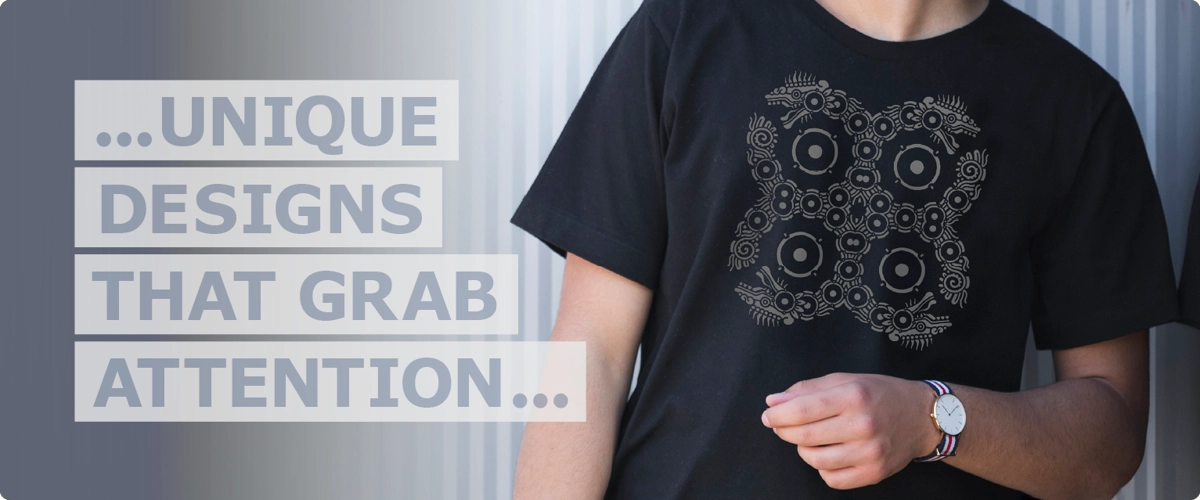 Trendy person wearing Bass Dragon illustrated graphic t-shirt standing next to text wording that reads ‘unique designs that grab attention’.