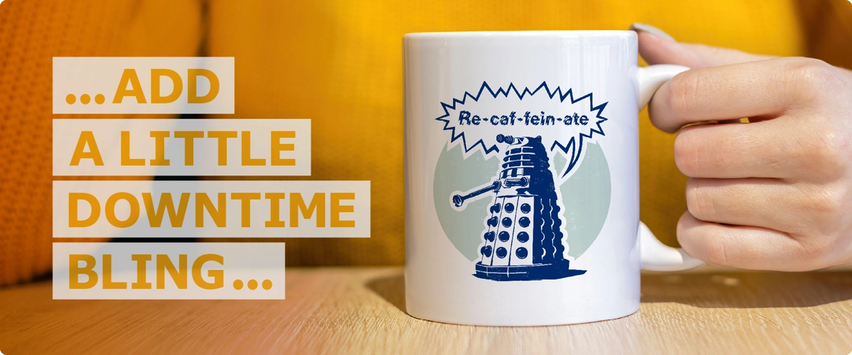 Relaxed person holding Recaffeinate design coffee mug sits next to text wording that reads ‘add a little downtime bling’.