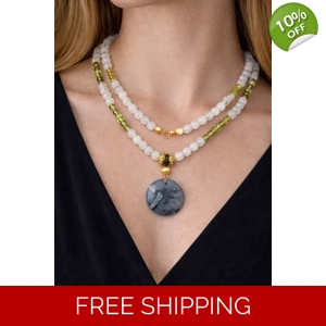 Tree Agate Necklace – Semi-Precious Stones – Gold-Tone Details & Pear