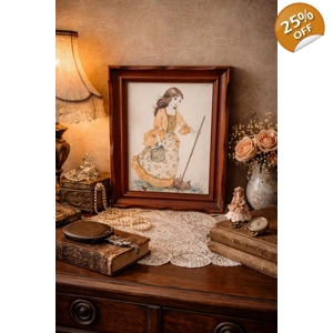 Vintage Framed Art Print – Girl in Country Dress with Bonnet Bag