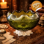 Vintage Indiana Glass Green Duette Quilted Diamond Bowl With Metal Leaf Base