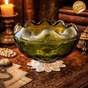 Vintage Indiana Glass Green Duette Quilted Diamond Bowl With Metal Leaf Base