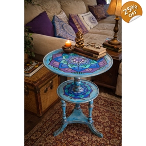 Hand-Painted Vintage Accent Table – Mandala Design