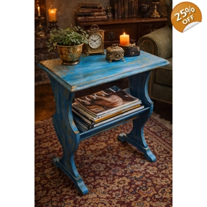 Hand-Painted Artisan Accent Table – Ocean Blue & Gold Filigree Design