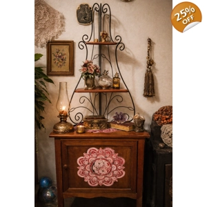 Hand-Painted Corner Cabinet with Iron Scroll Shelf