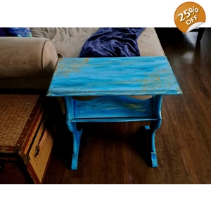 Hand-Painted Artisan Accent Table – Ocean Blue & Gold Filigree Design