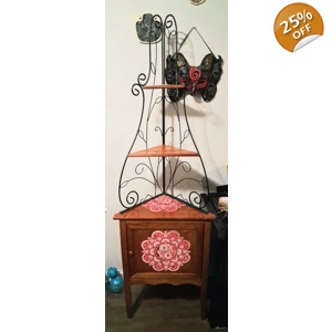 Hand-Painted Corner Cabinet with Iron Scroll Shelf