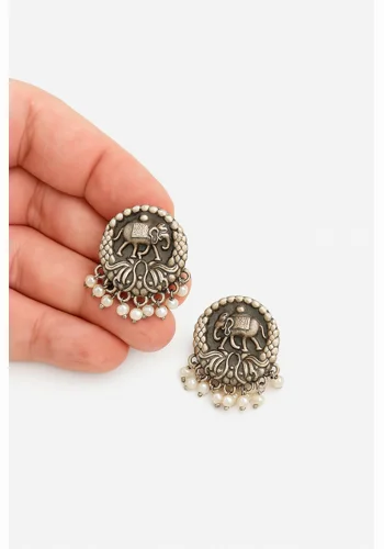 Antique Silver Elephant Stud Earrings with Pearl Drops