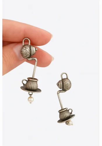 Antique Silver Teapot & Teacup Dangle Earrings – Quirky Boho Jewelry