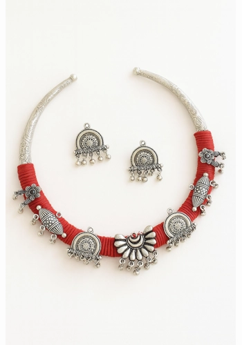 Silver Red Thread Choker Necklace Set with Earrings