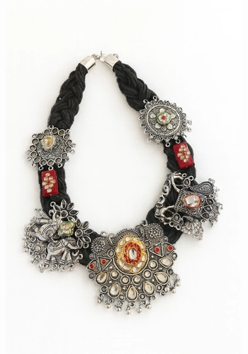 Antique Silver black Jute Thread Statement Necklace