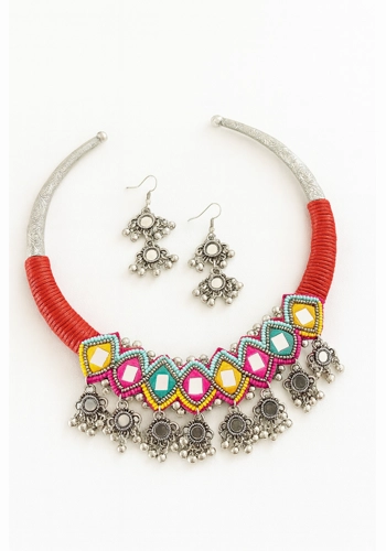 Red Thread Mirror Work Choker Necklace Set with Earrings