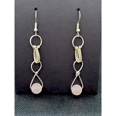 Rose Quartz Bead Long Dangly Earrings in Silver Wire and Hypoallergenic
