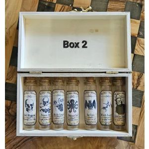 Spell Bottles, Set 2 glass cork topped bottles with box