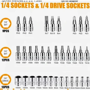 46 Pieces 1/4in.Drive Socket,Ratchet,Wrench SetMetricBit Socket