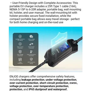 ENJOE J1772 Portable EV Charger up to 16AMP 110/240V with 25 ft. Cable NEMA 5-15 6-20 Plug type 1