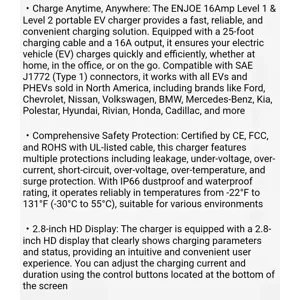 ENJOE J1772 Portable EV Charger up to 16AMP 110/240V with 25 ft. Cable NEMA 5-15 6-20 Plug type 1