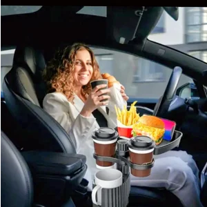 4 in 1 Car Cup Holder, Tray, Food Table 360° Retractable Extendable Base Detachable Car Desk
