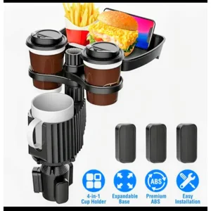 4 in 1 Car Cup Holder, Tray, Food Table 360° Retractable Extendable Base Detachable Car Desk