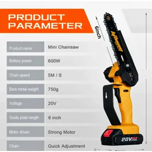 6 inch Yellow Cordless Chainsaw High Hardness Adjustable Chain Detachable Battery