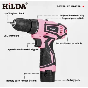 Hilda 12v Lithium Electric Drill 3/8in Pink Cordless