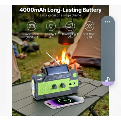 Portable 4000mAh Hand Crank Solar Recharge Flashlight Emergency Weather Radio USB Phone Charging