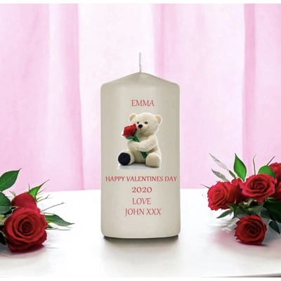 Happy Valentines Day Candle - Teddy Holding Rose
