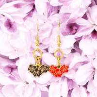 Gold Floral Drop Earrings with Black and Red Enamel Charms